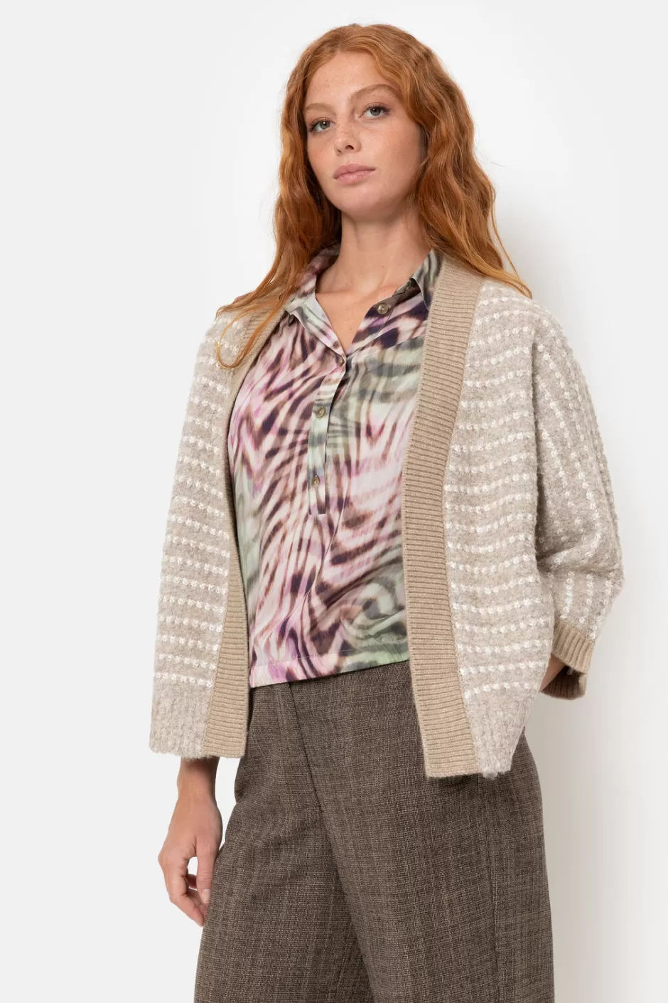 Fashion Beige Cardigan With Ecru Stripes And 3/4 Sleeves Women Pullovers & Cardigans