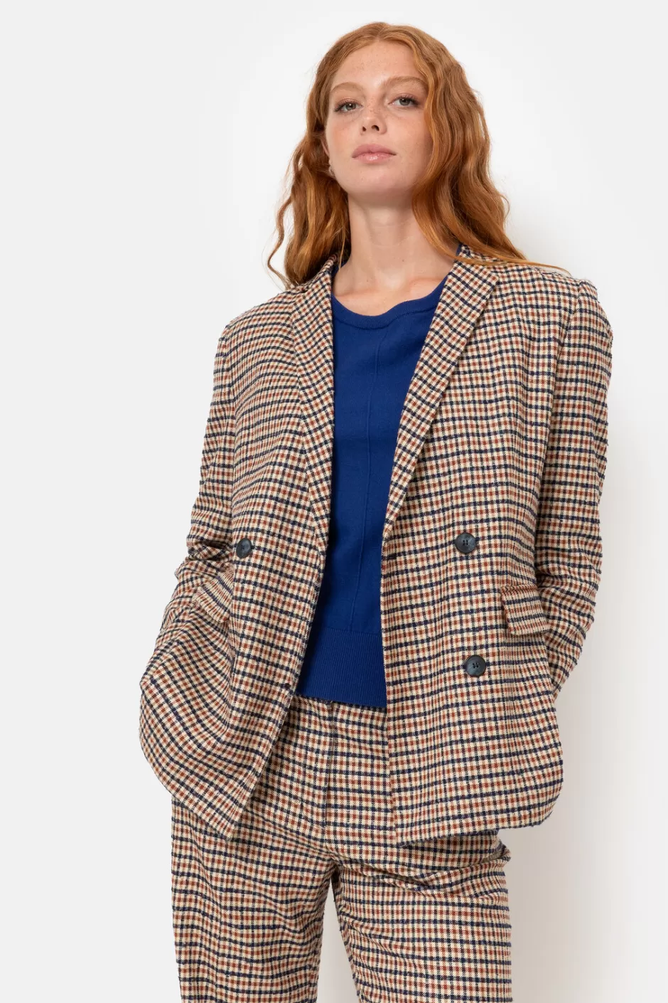 Fashion Beige Checked Double-Breasted Blazer Women Coats & Jackets