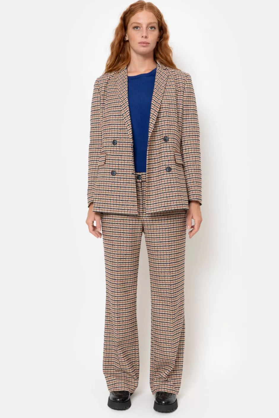 Fashion Beige Checked Double-Breasted Blazer Women Coats & Jackets