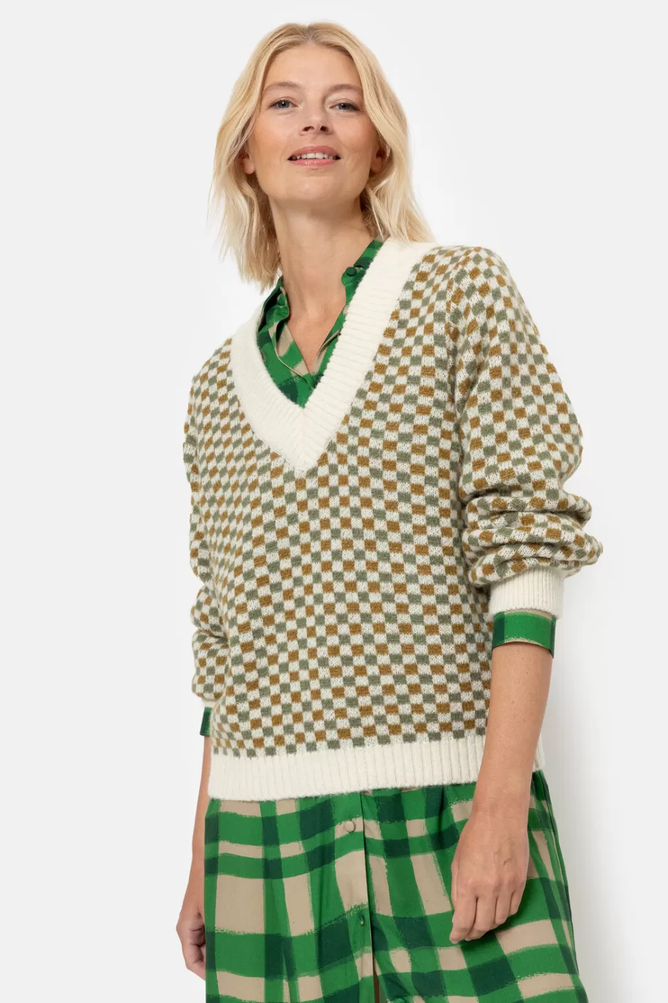 Clearance Beige Checked Pullover With V-Neck And Puff Sleeves Women Pullovers & Cardigans