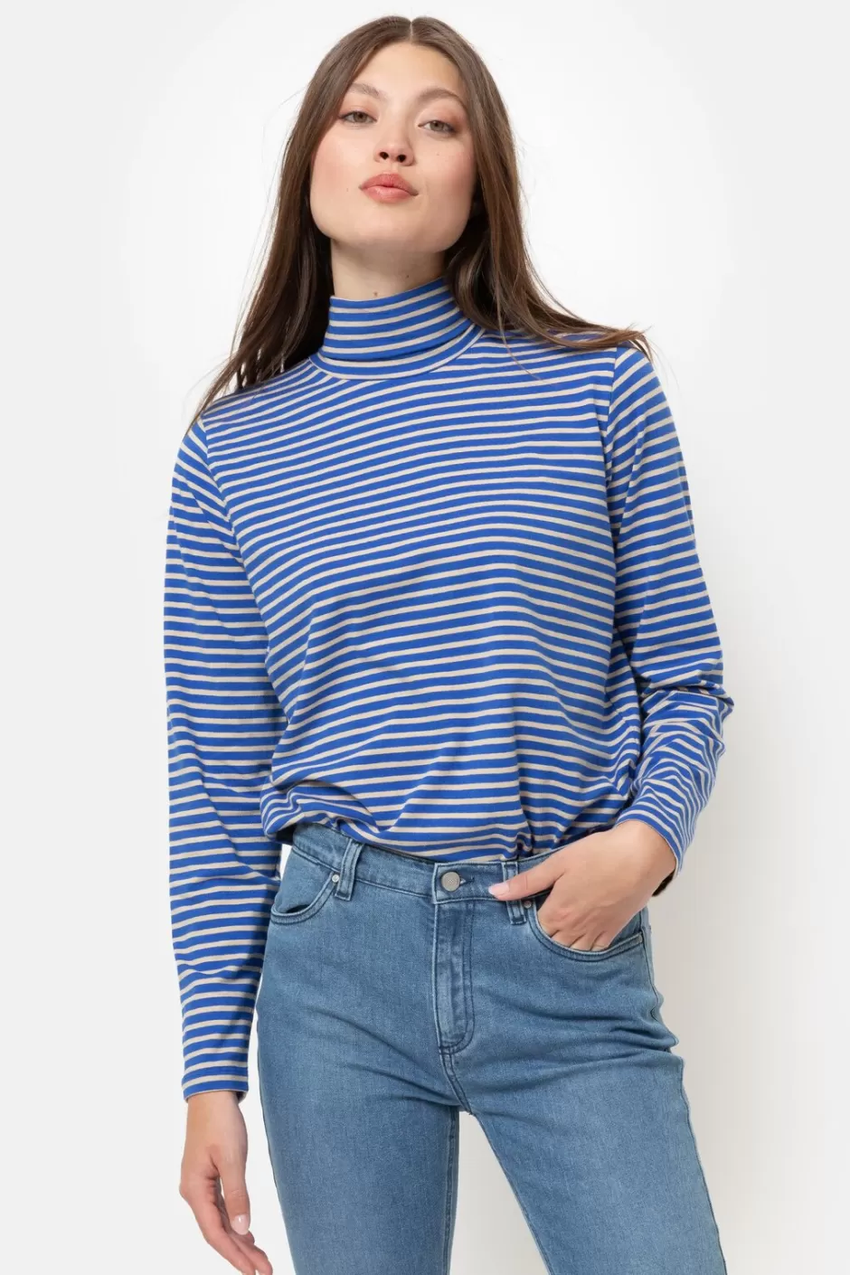 Clearance Beige Striped Long-Sleeved Top With Turtleneck Collar Women T-Shirts & Tops