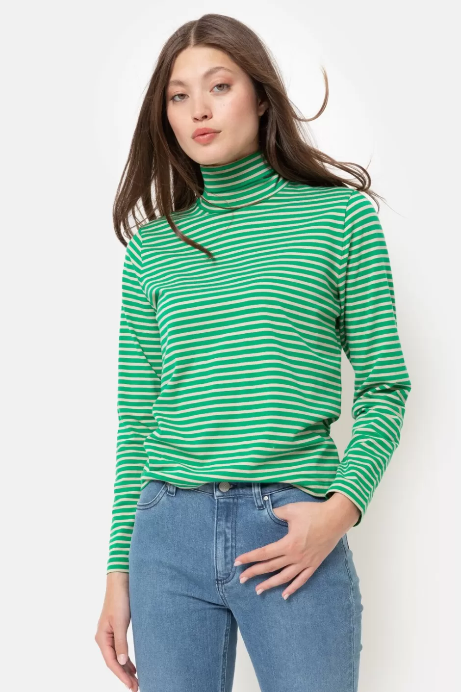 Sale Beige Striped Long-Sleeved Top With Turtleneck Collar Women T-Shirts & Tops