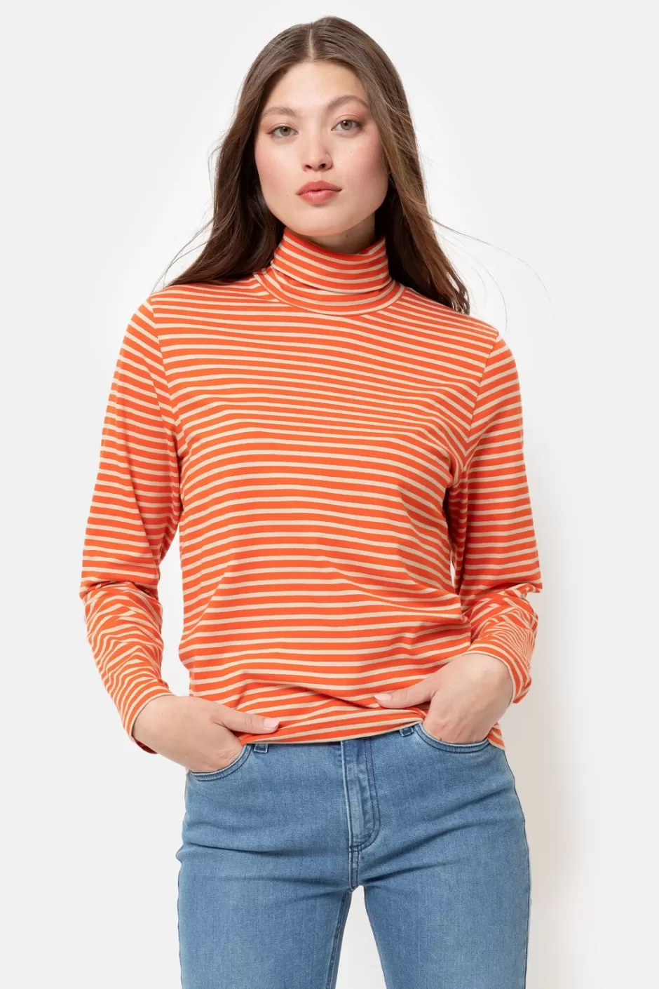 Fashion Beige Striped Long-Sleeved Top With Turtleneck Collar Women T-Shirts & Tops