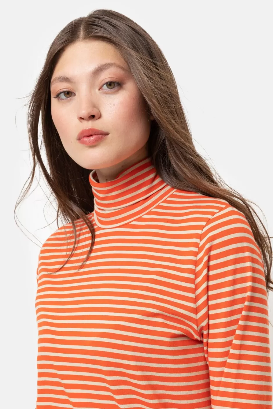 Fashion Beige Striped Long-Sleeved Top With Turtleneck Collar Women T-Shirts & Tops