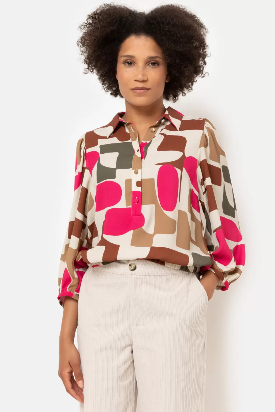 New Blouse With Fuchsia-Brown Print And 7/8 Sleeves Women Blouses