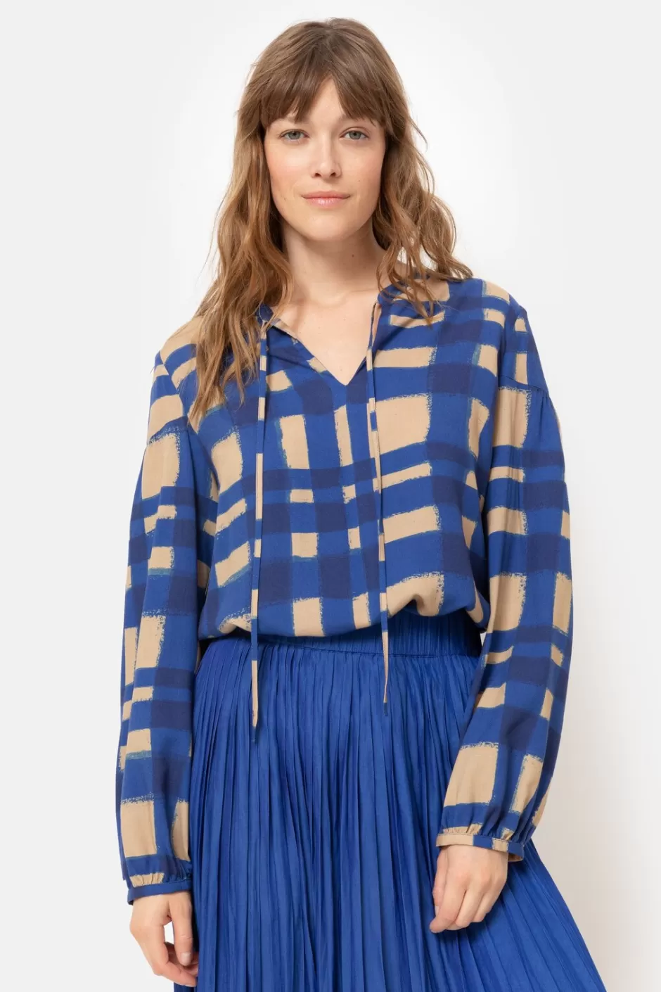 Clearance Blue Checked Blouse With Long Sleeves Women Blouses