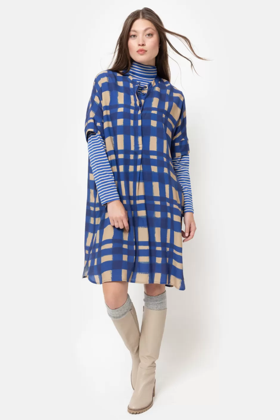 Cheap Blue Checked Midi Dress With Short Sleeves Women Dresses