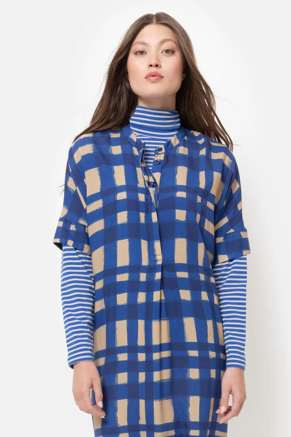 Cheap Blue Checked Midi Dress With Short Sleeves Women Dresses