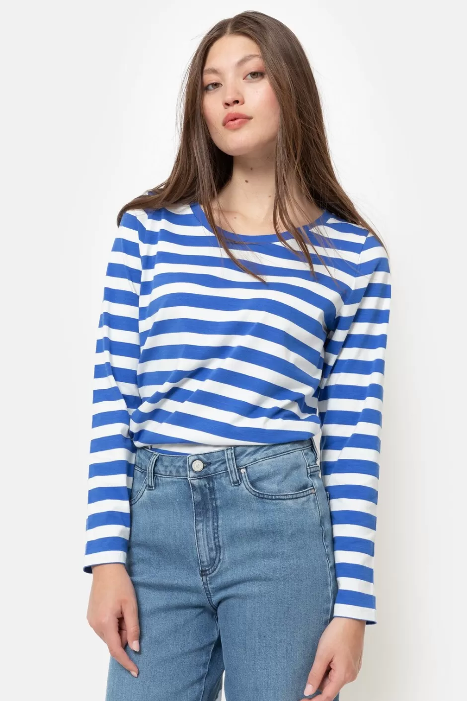 Shop Blue-White Striped T-Shirt With Long Sleeves Women T-Shirts & Tops