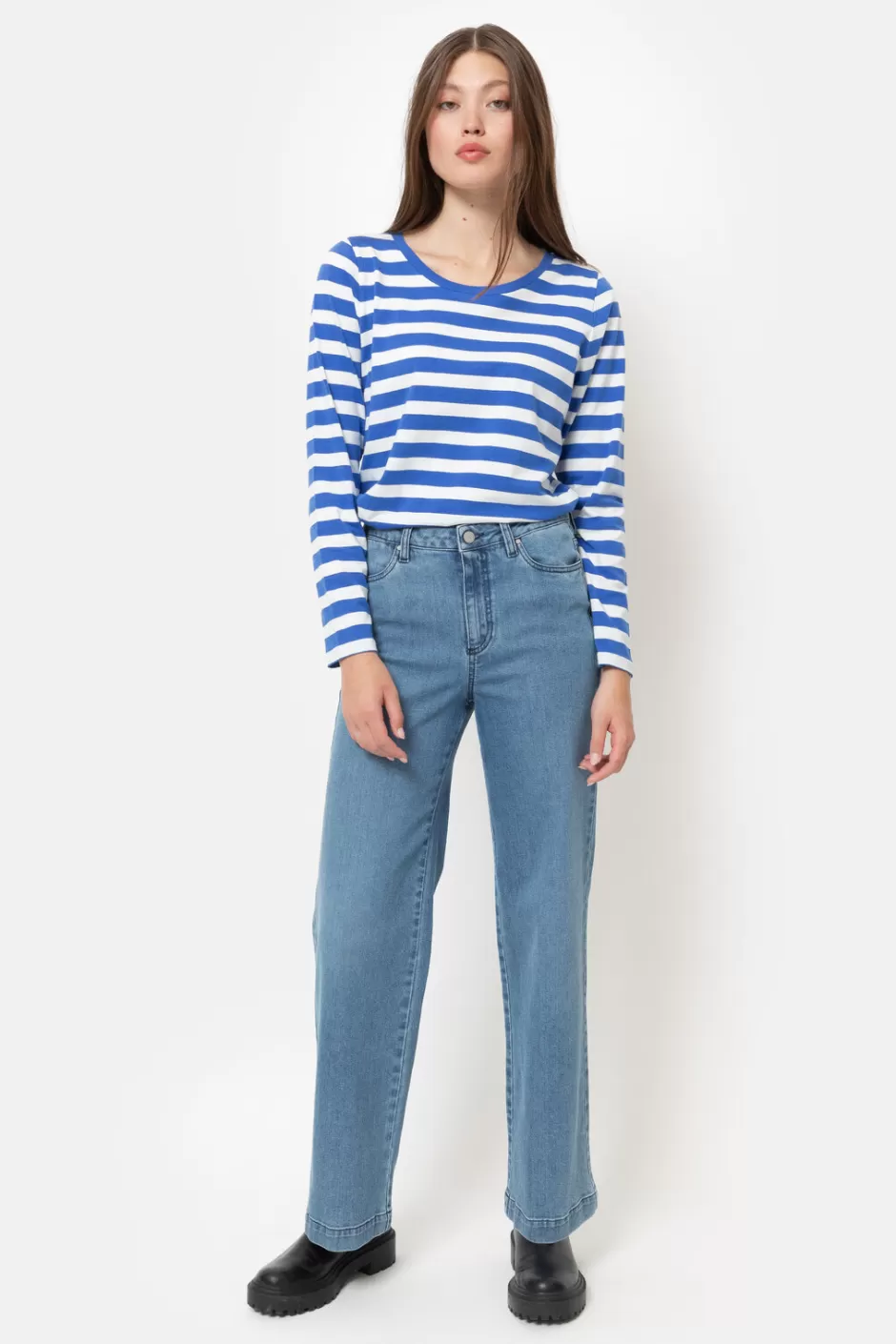 Shop Blue-White Striped T-Shirt With Long Sleeves Women T-Shirts & Tops