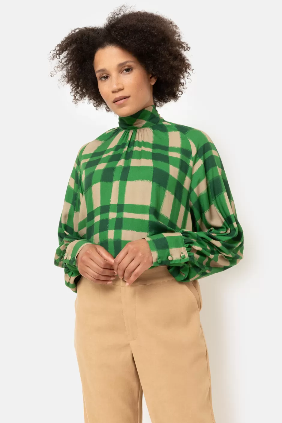 Outlet Brown Checked Blouse With Bow Tie Women Blouses