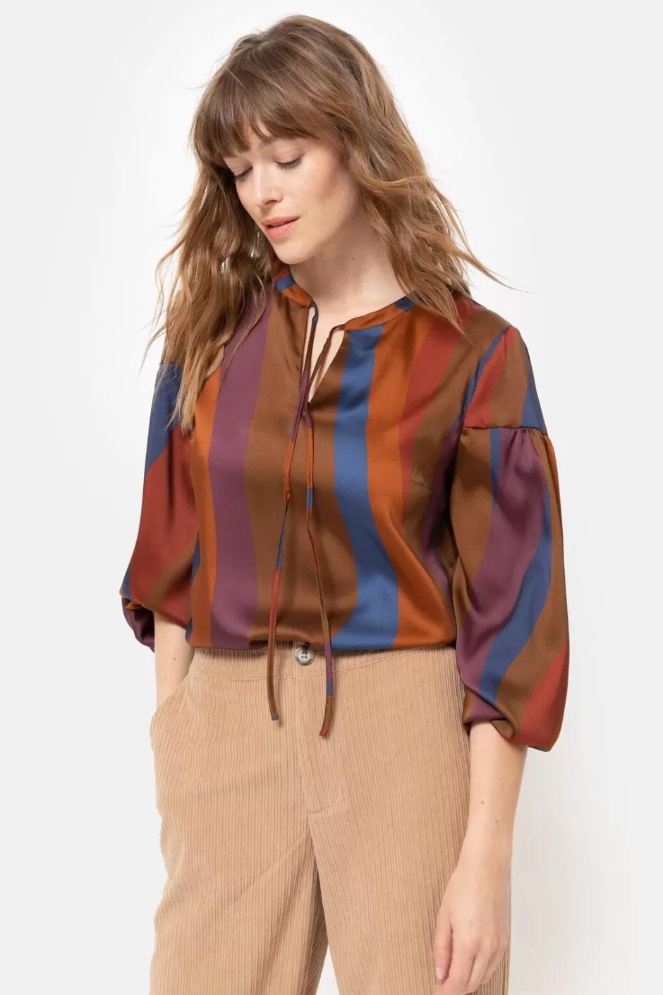 Flash Sale Brown Striped Blouse With Long Sleeves Women Blouses