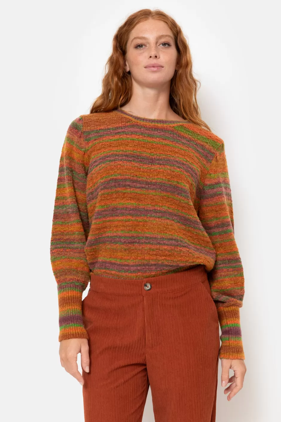 Hot Brown-Green Striped Pullover With Puff Sleeves Women Pullovers & Cardigans