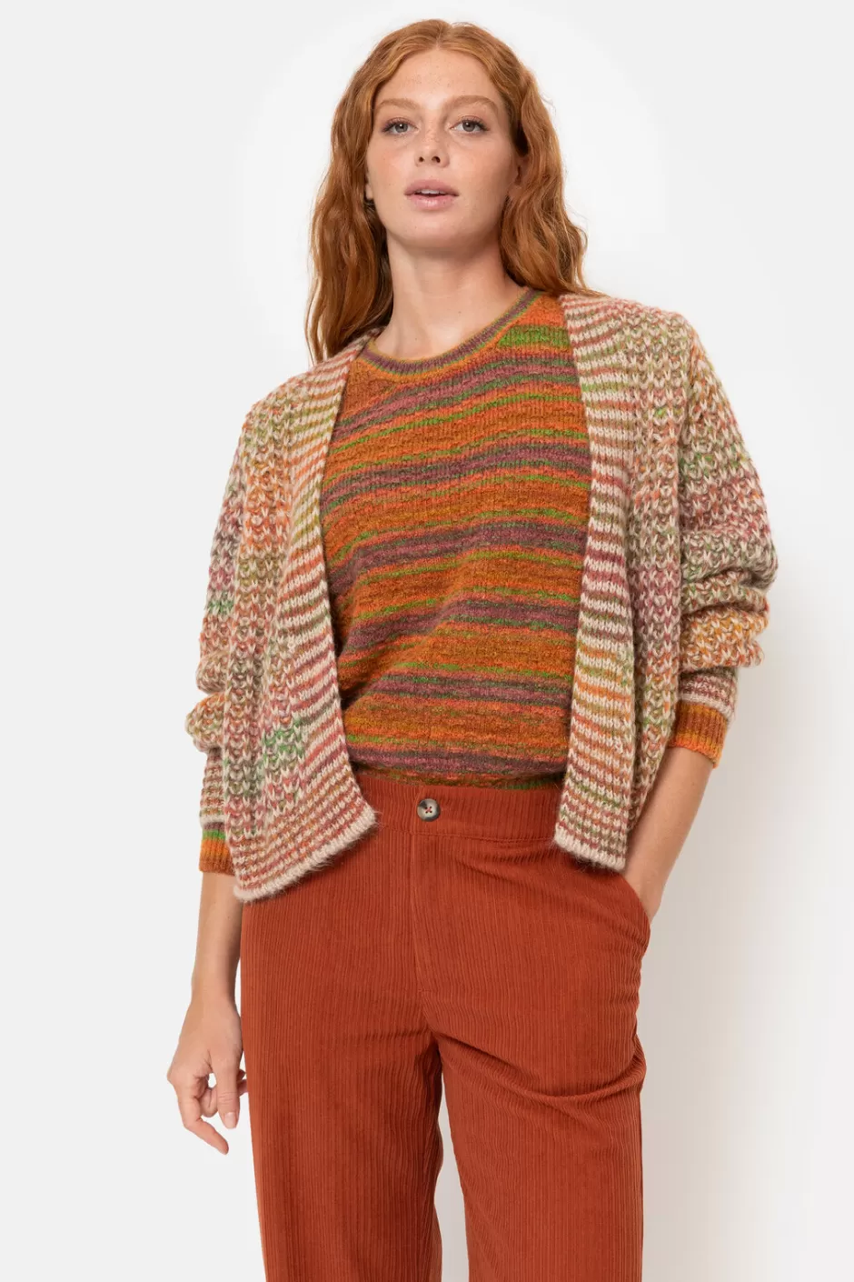 Cheap Brown-Green Striped Short Cardigan Women Pullovers & Cardigans