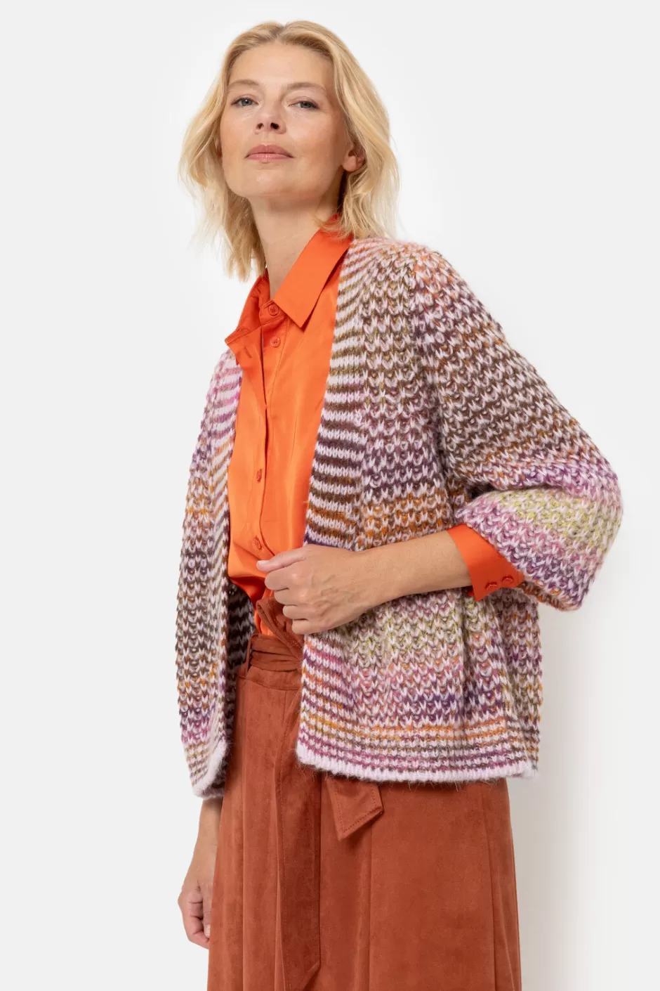 Hot Brown-Orange Striped Short Cardigan Women Pullovers & Cardigans