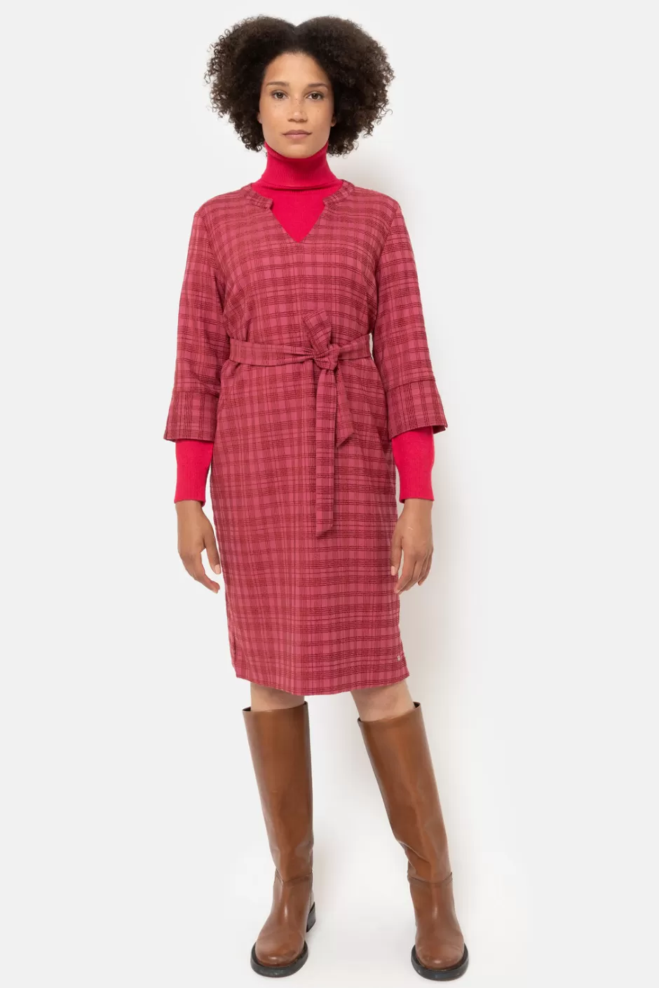 Online Burgundy Checked Dress With 3/4 Sleeves And V-Neck Women Dresses