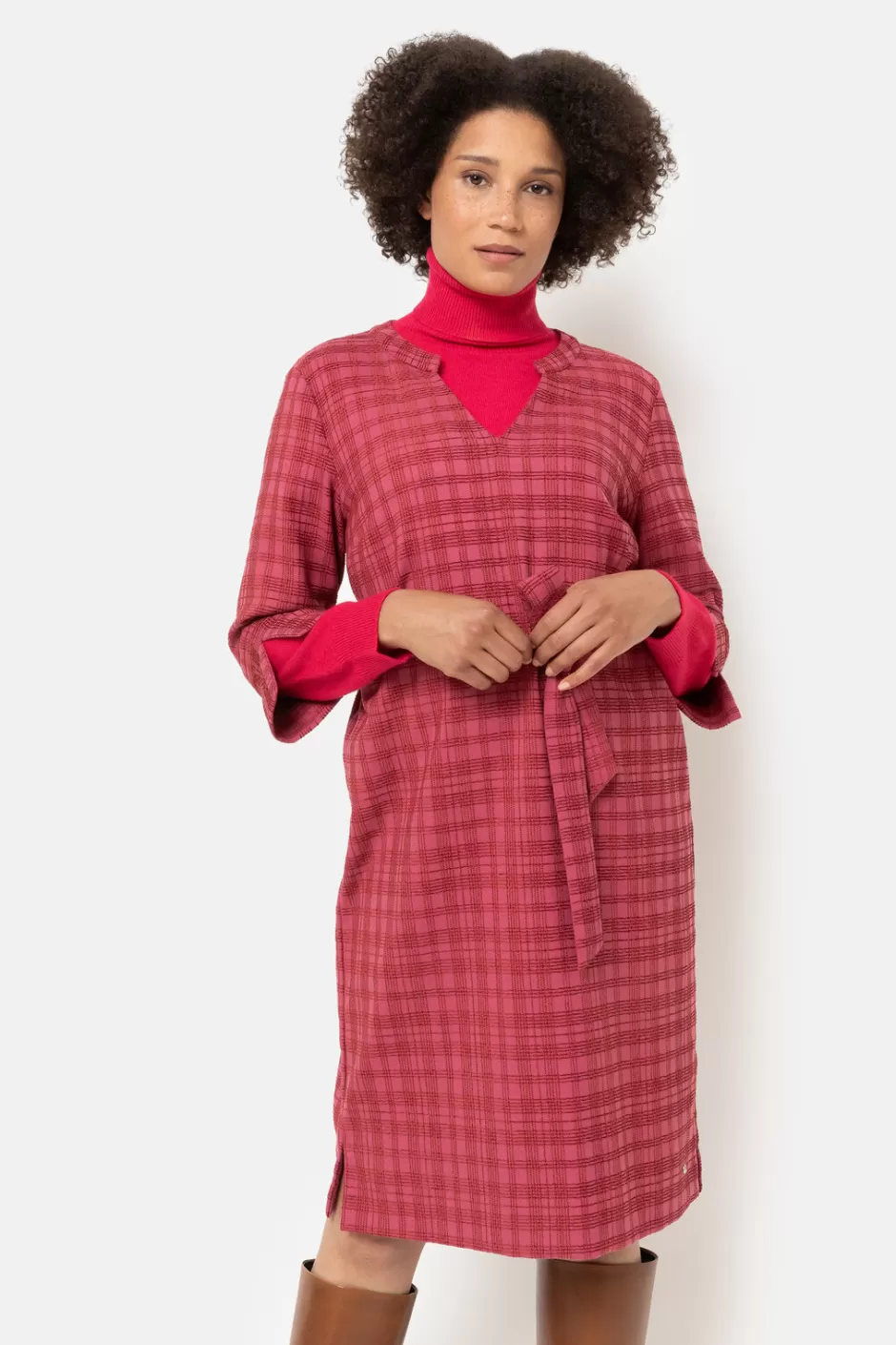 Online Burgundy Checked Dress With 3/4 Sleeves And V-Neck Women Dresses