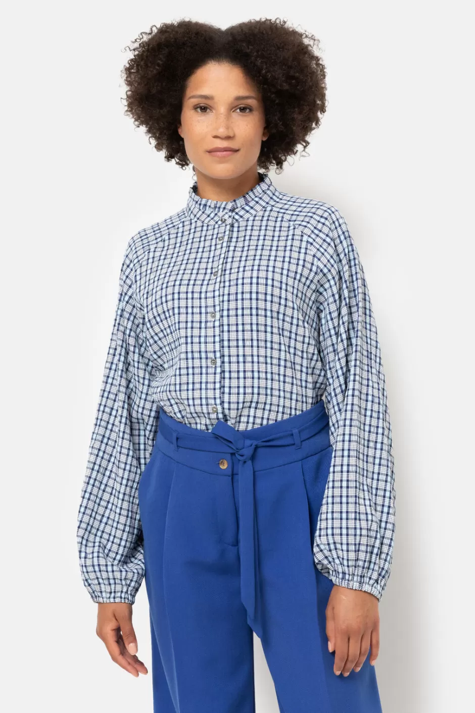 Hot Checked Blouse With Flounce Collar Women Blouses