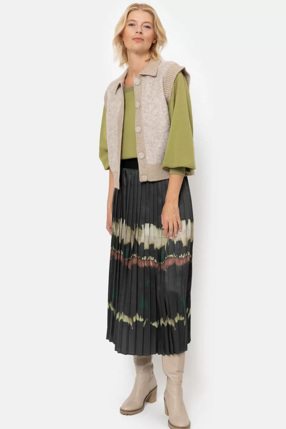 Shop Dark Grey-Khaki Pleated Skirt With Tie-Dye Stripes Women Skirts