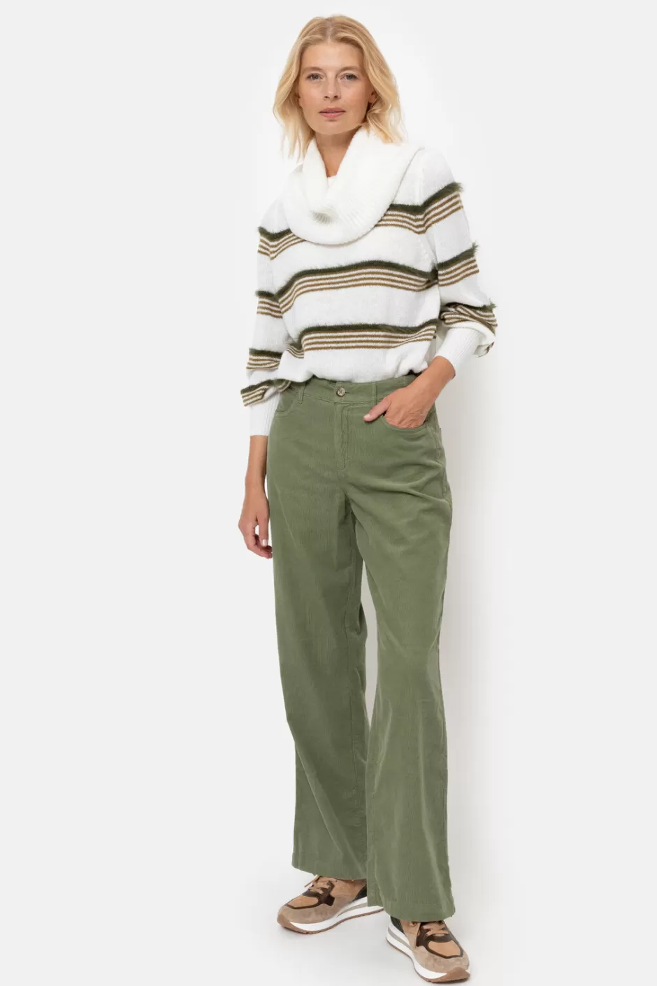 Store Ecru Pullover With Wide Turtleneck And Khaki Stripes Women Pullovers & Cardigans