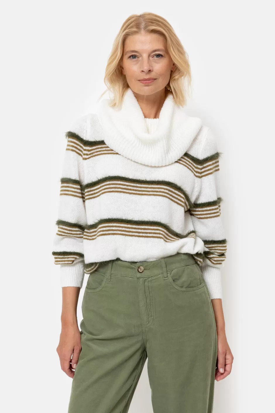 Store Ecru Pullover With Wide Turtleneck And Khaki Stripes Women Pullovers & Cardigans