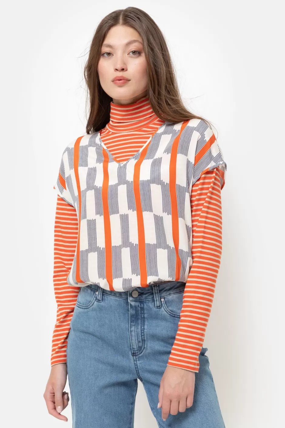 Online Ecru Short-Sleeved Top With Blue Stripes Women Blouses