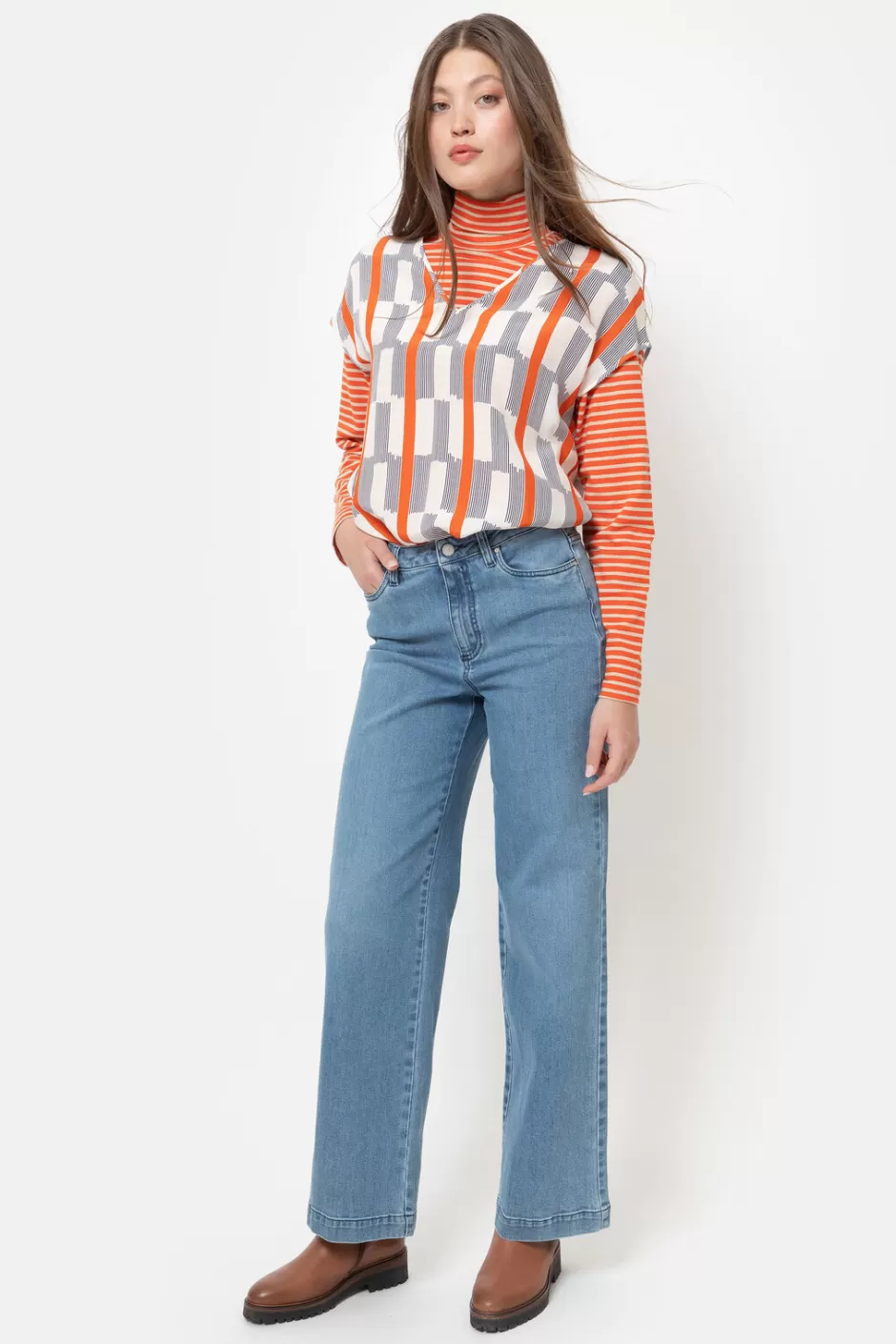 Online Ecru Short-Sleeved Top With Blue Stripes Women Blouses