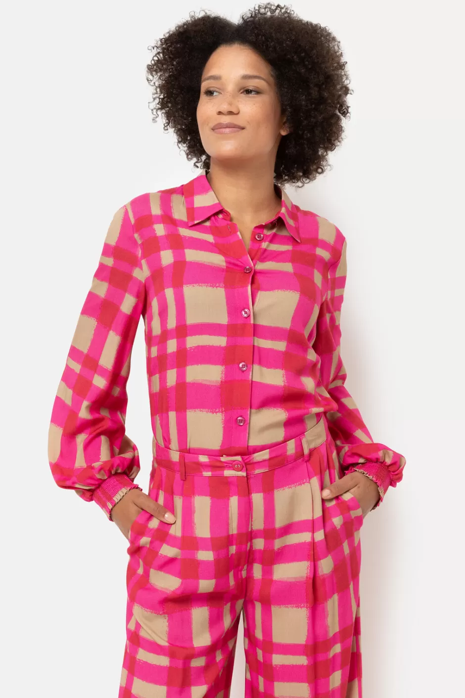 Clearance Fuchsia Checked Blouse With Smock Sleeves Women Blouses