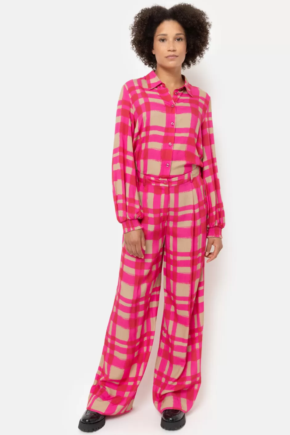 Clearance Fuchsia Checked Blouse With Smock Sleeves Women Blouses