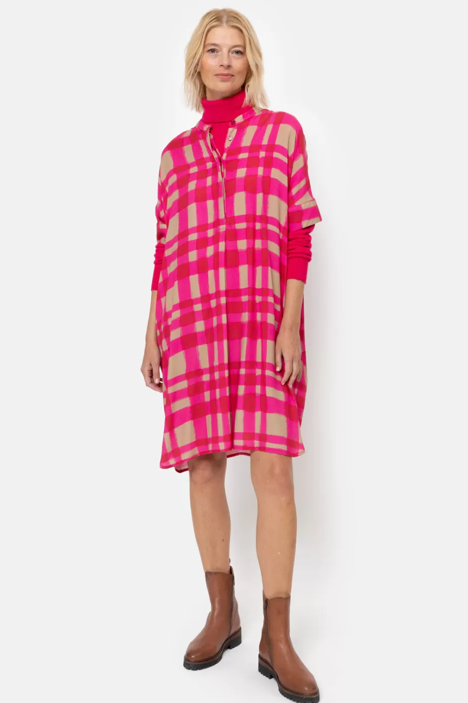 Sale Fuchsia Checked Midi Dress With Short Sleeves Women Dresses