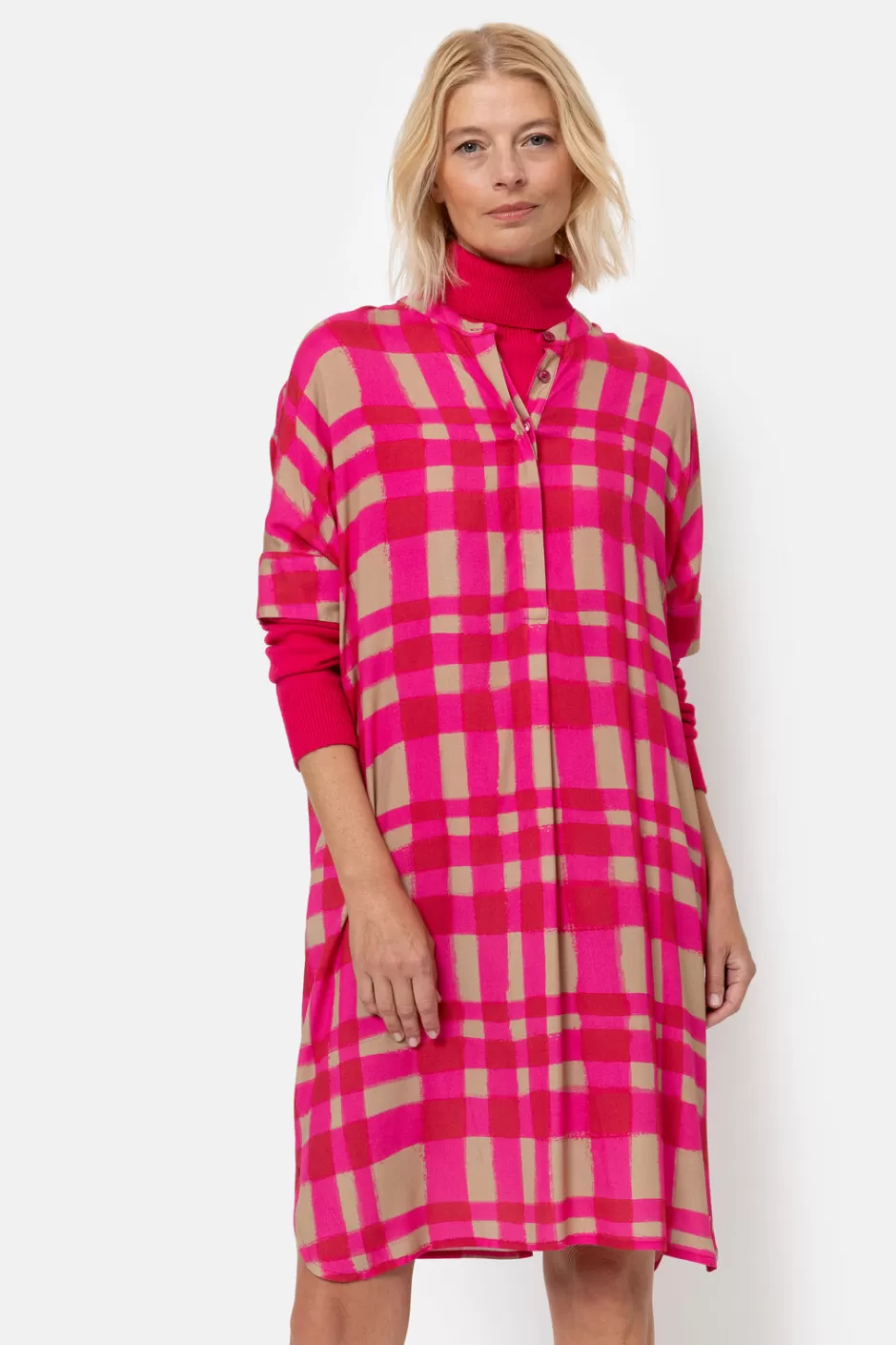 Sale Fuchsia Checked Midi Dress With Short Sleeves Women Dresses