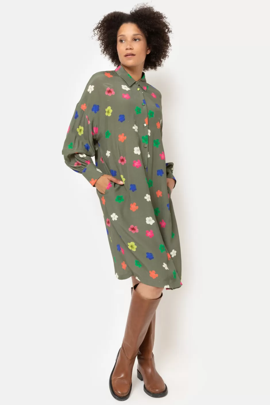 Online Khaki Blouse Dress With Multicoloured Floral Print Women Dresses