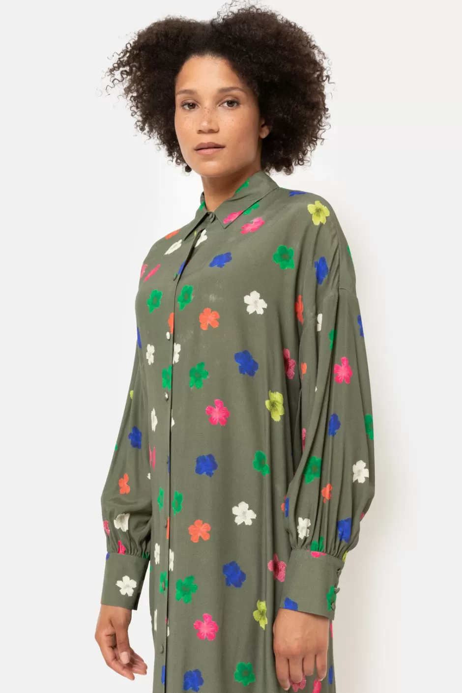 Online Khaki Blouse Dress With Multicoloured Floral Print Women Dresses