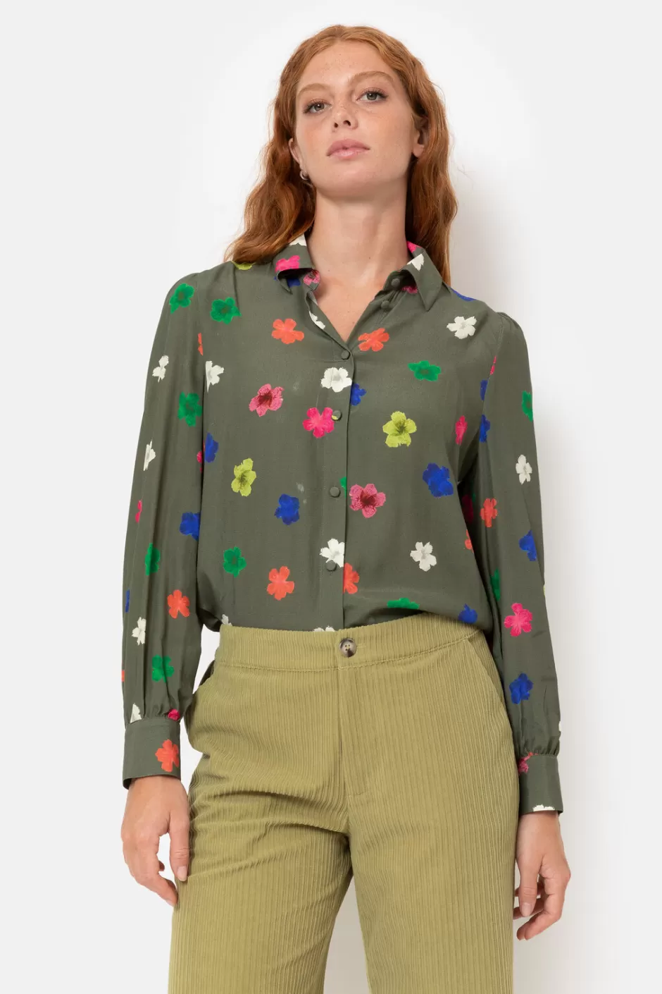 Online Khaki Blouse With Blue-Pink-Orange Floral Print Women Blouses