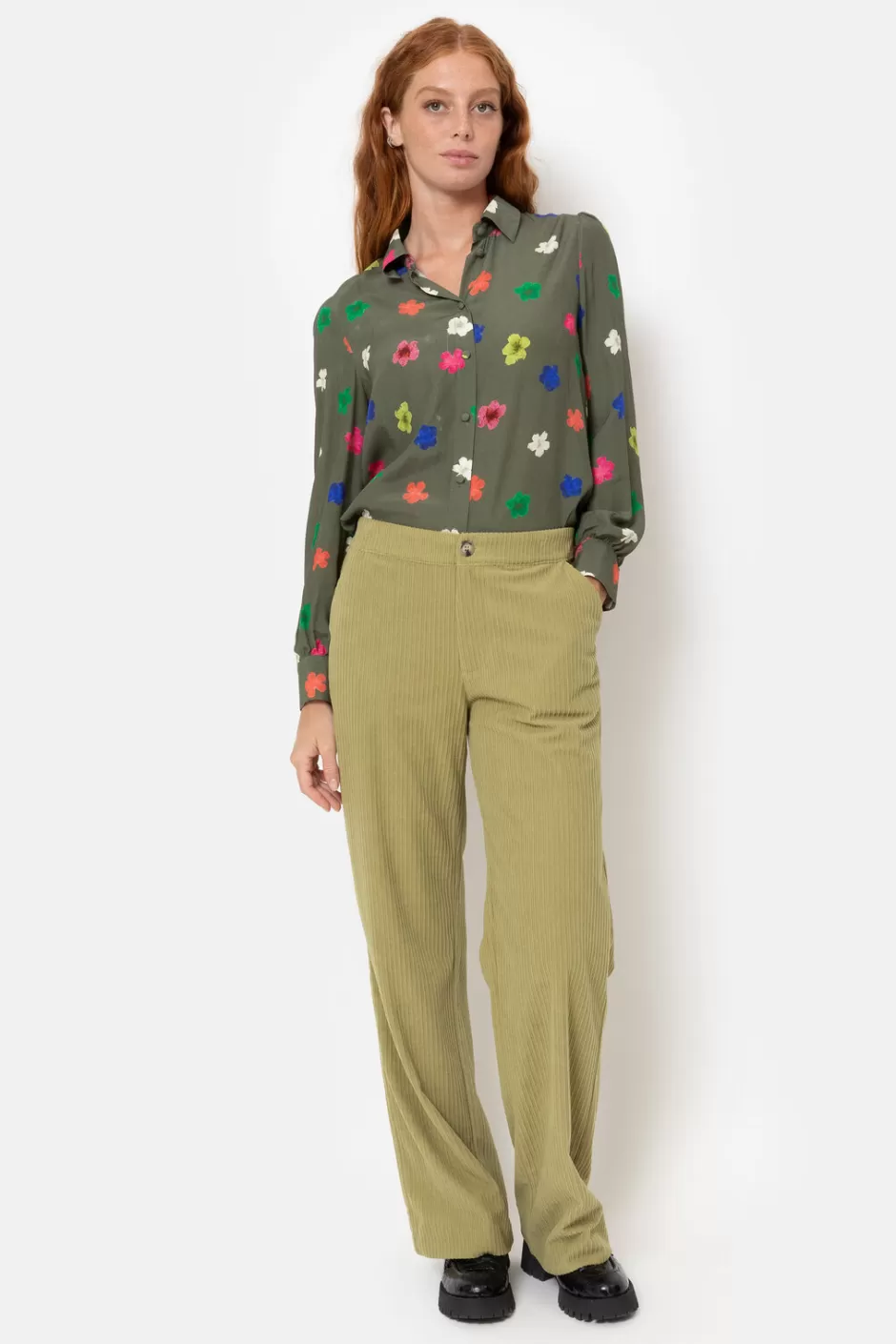 Online Khaki Blouse With Blue-Pink-Orange Floral Print Women Blouses