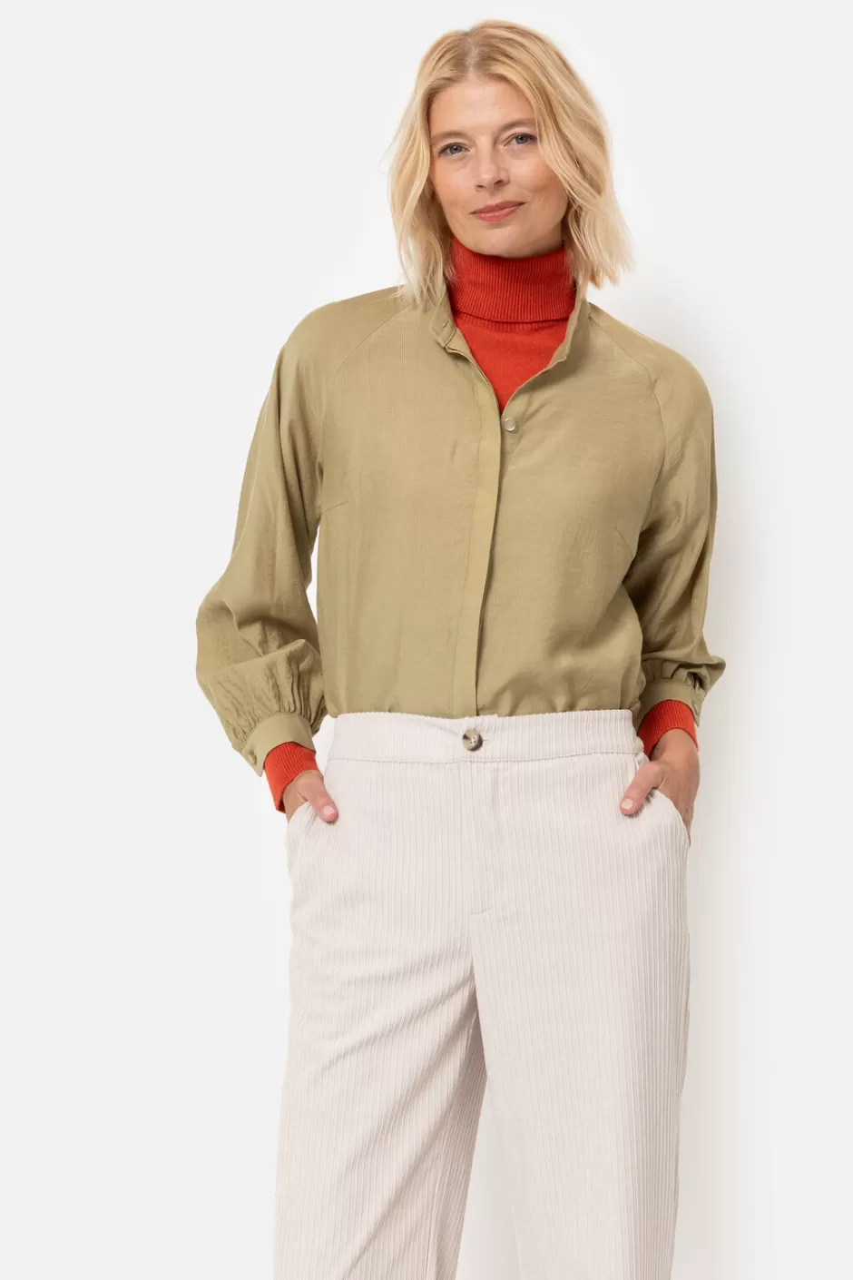 Online Khaki Green Blouse With Wrap And Embroidery Women Blouses