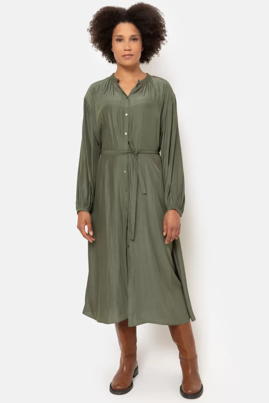 Online Khaki Green Dress With Long Sleeves And Buttons Women Dresses