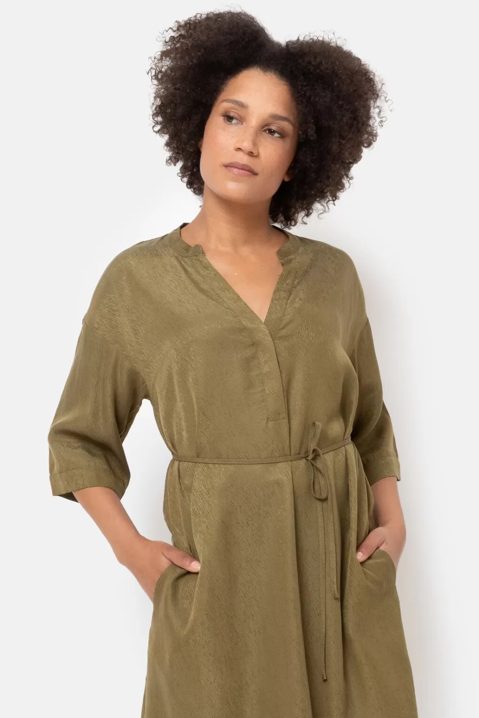 Cheap Khaki Green Dress With V-Neck And 3/4 Sleeves Women Dresses