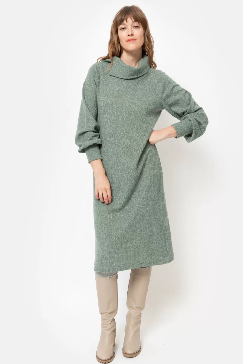 Fashion Khaki Green Knitted Dress With Long Puff Sleeves Women Dresses