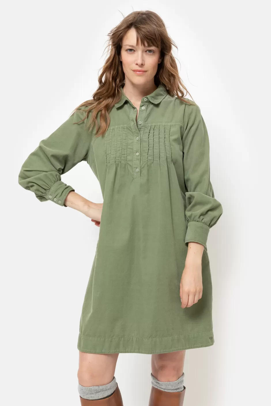 Discount Khaki Green Short Shirt Dress With Long Sleeves Women Dresses