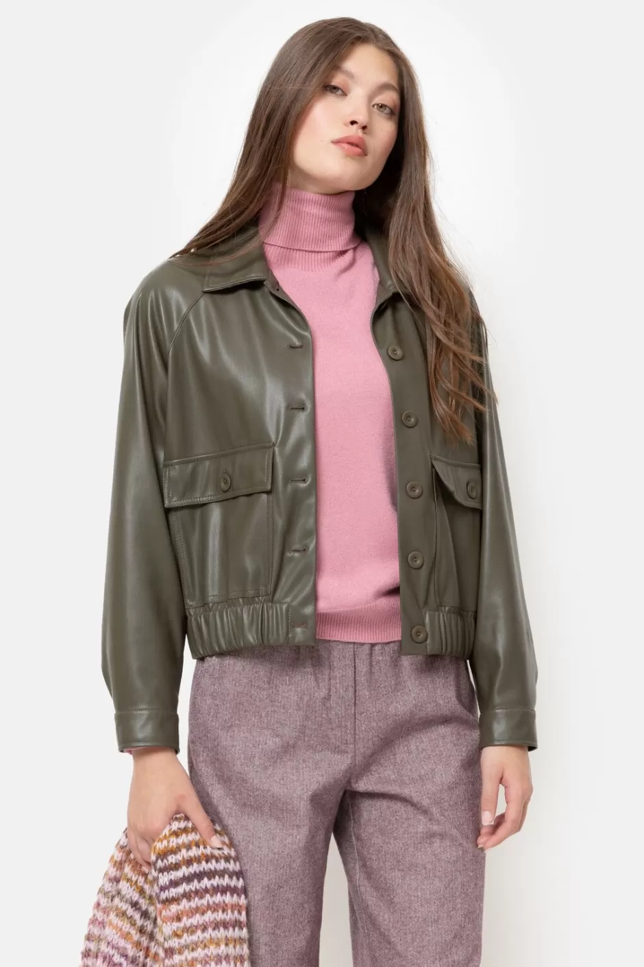 Sale Khaki Short Faux Leather Jacket For Women Women Coats & Jackets