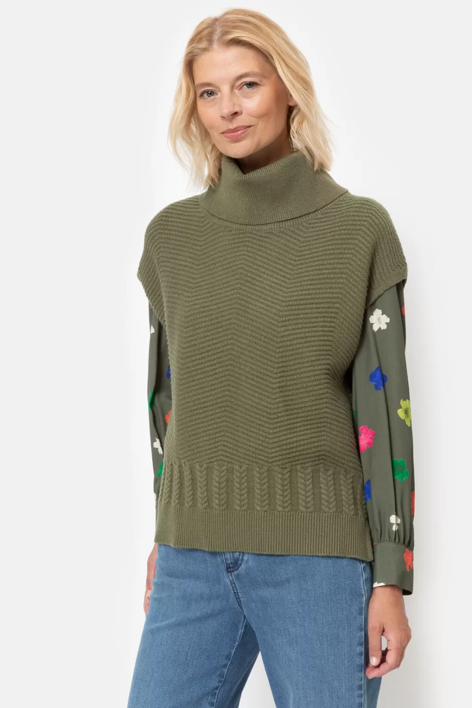 Clearance Khaki Sleeveless Jumper With Turtleneck And Stripes Women Pullovers & Cardigans