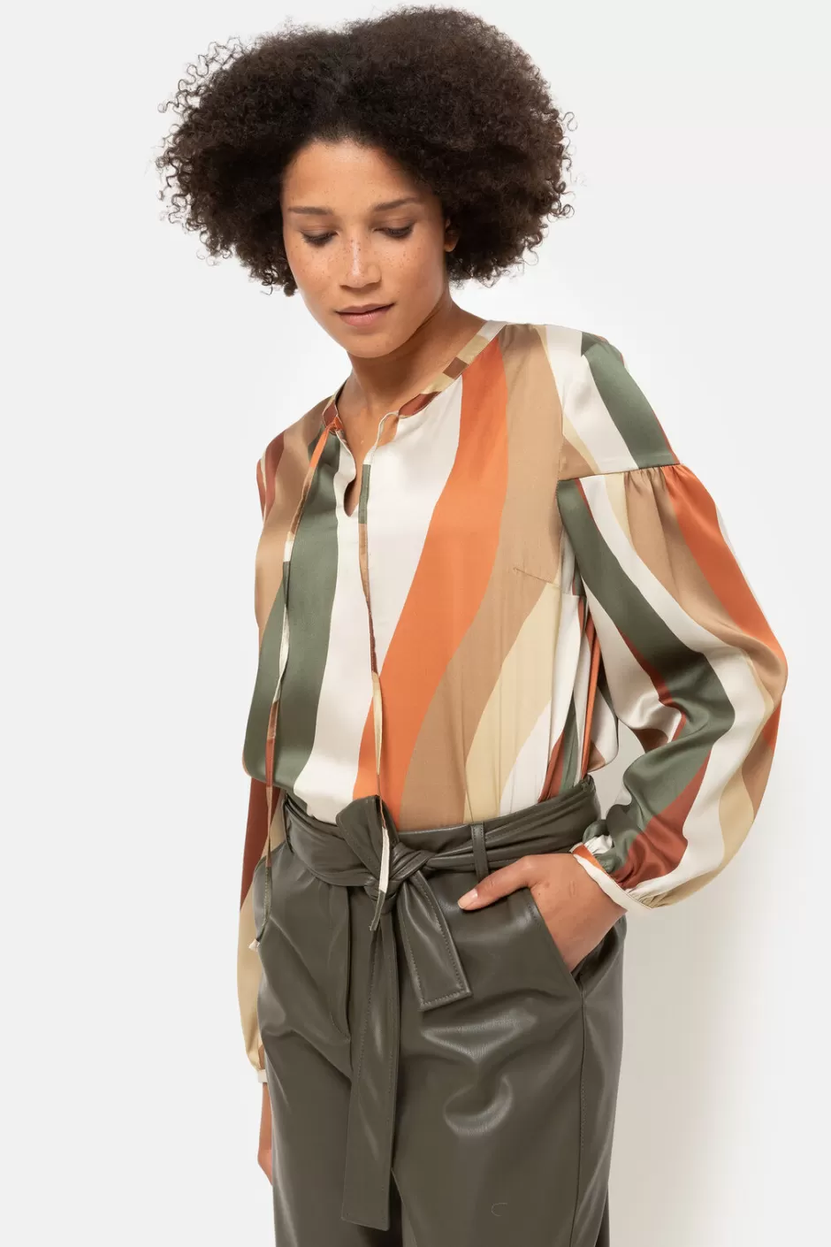 Shop Khaki Striped Blouse With Long Sleeves Women Blouses