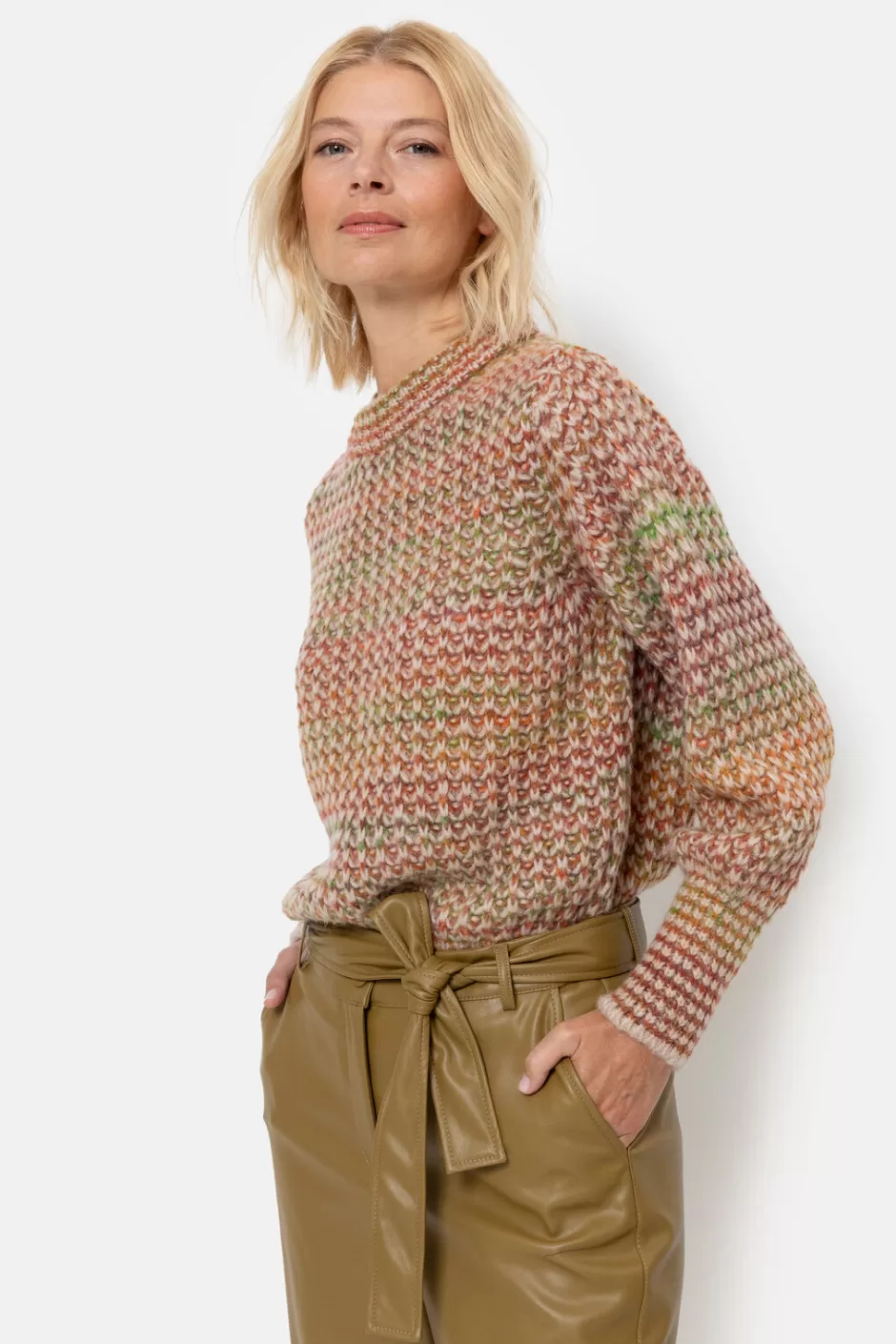 Online Knitted Beige Pullover With Brown-Green Stripes Women Pullovers & Cardigans