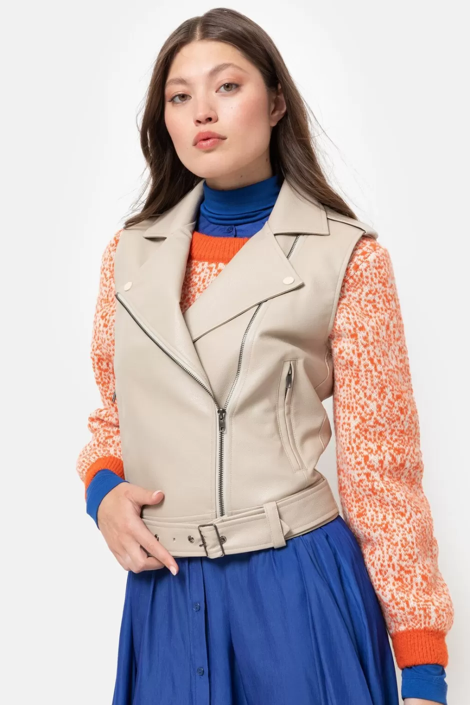 Shop Light Beige Sleeveless Jacket With Leather Look Women Coats & Jackets