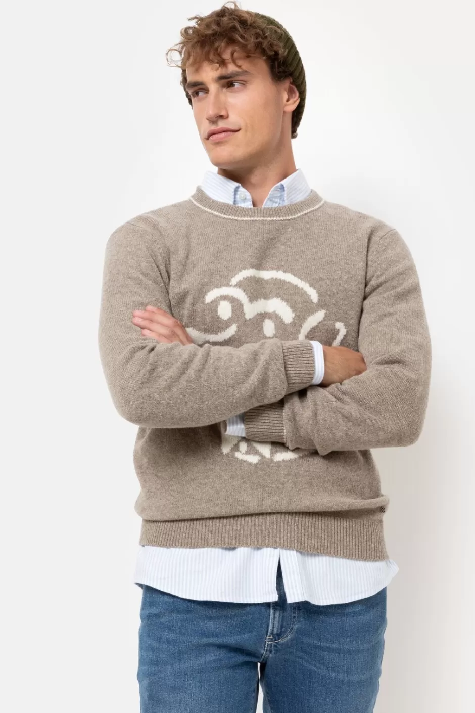 Shop Light Brown Jumper With Round Neck And Beige Print Men Sweaters & Cardigans