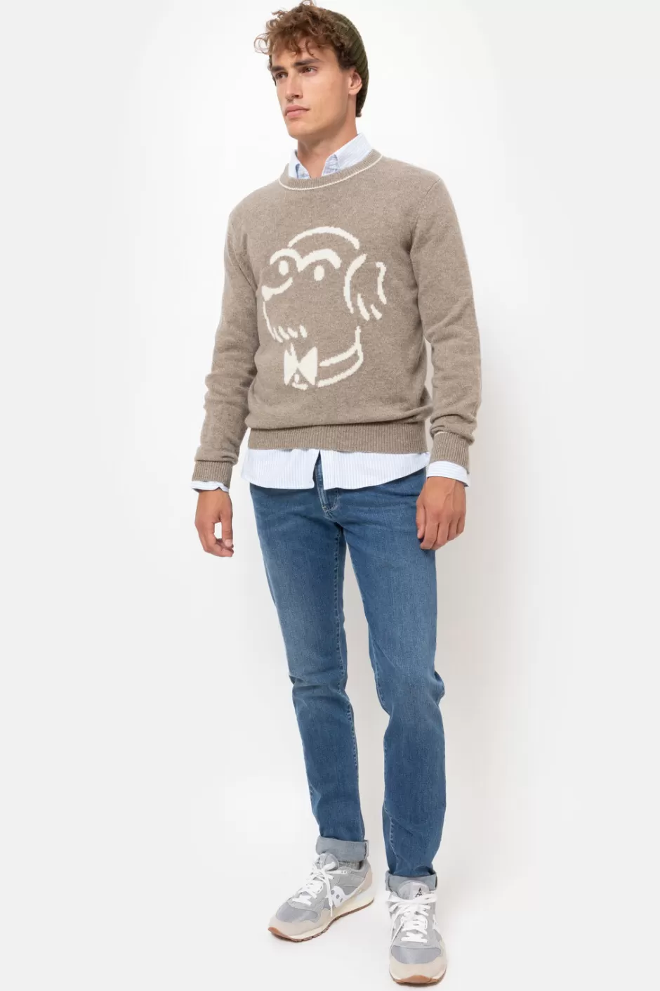 Shop Light Brown Jumper With Round Neck And Beige Print Men Sweaters & Cardigans