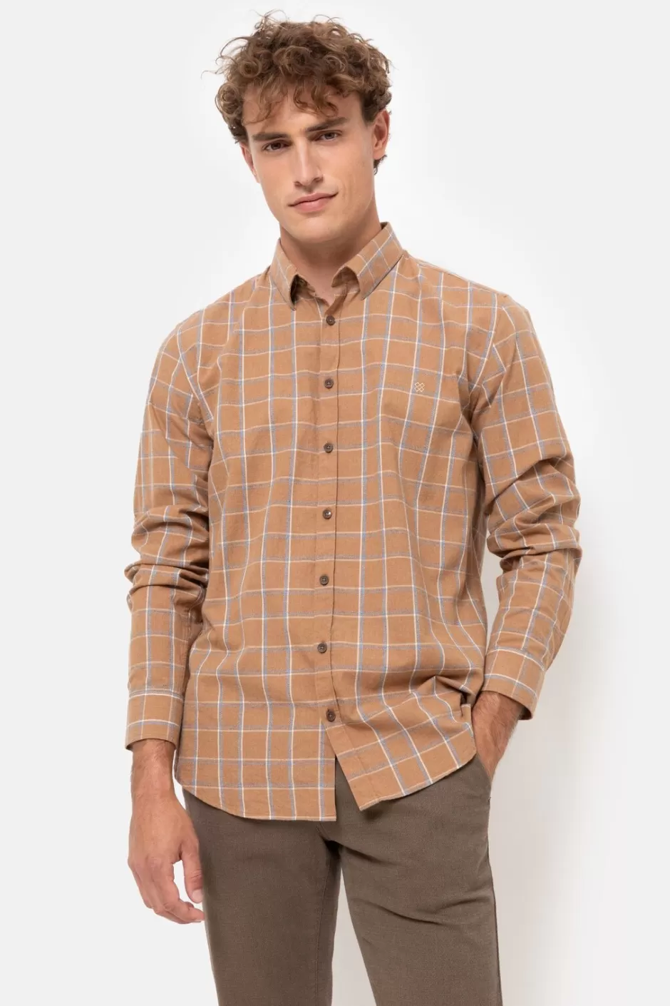 Online Men'S Camel Checked Regular-Fit Shirt Men Shirts