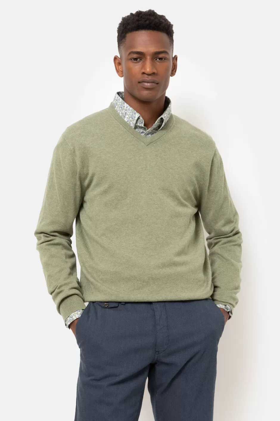 Outlet Men'S Khaki Jumper With V-Neck And Long Sleeves Men Sweaters & Cardigans