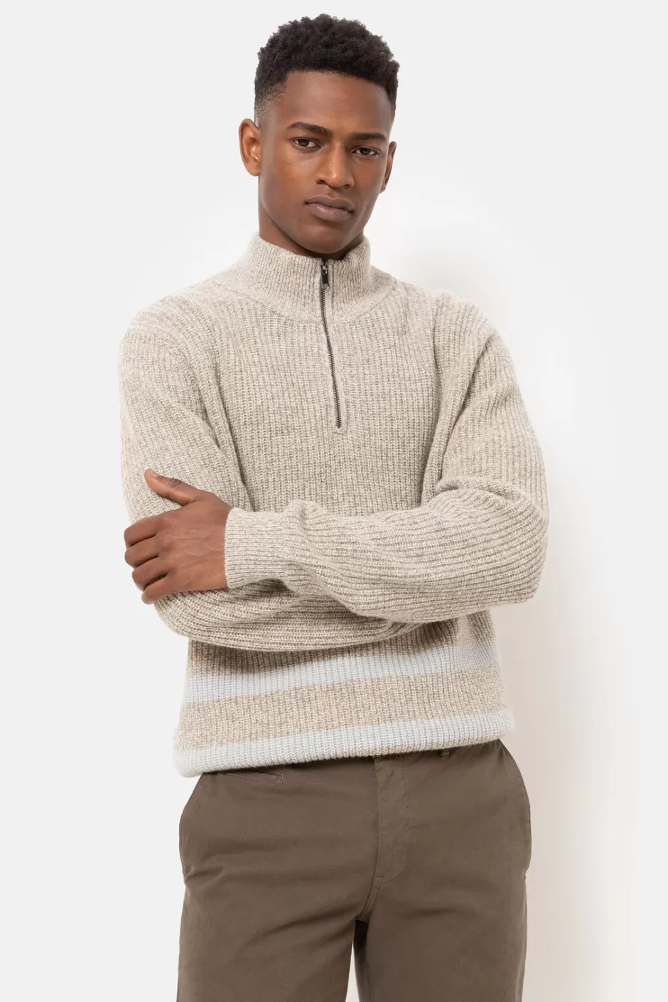 Best Men'S Light Brown Jumper With A Stand-Up Zip Collar Men Sweaters & Cardigans